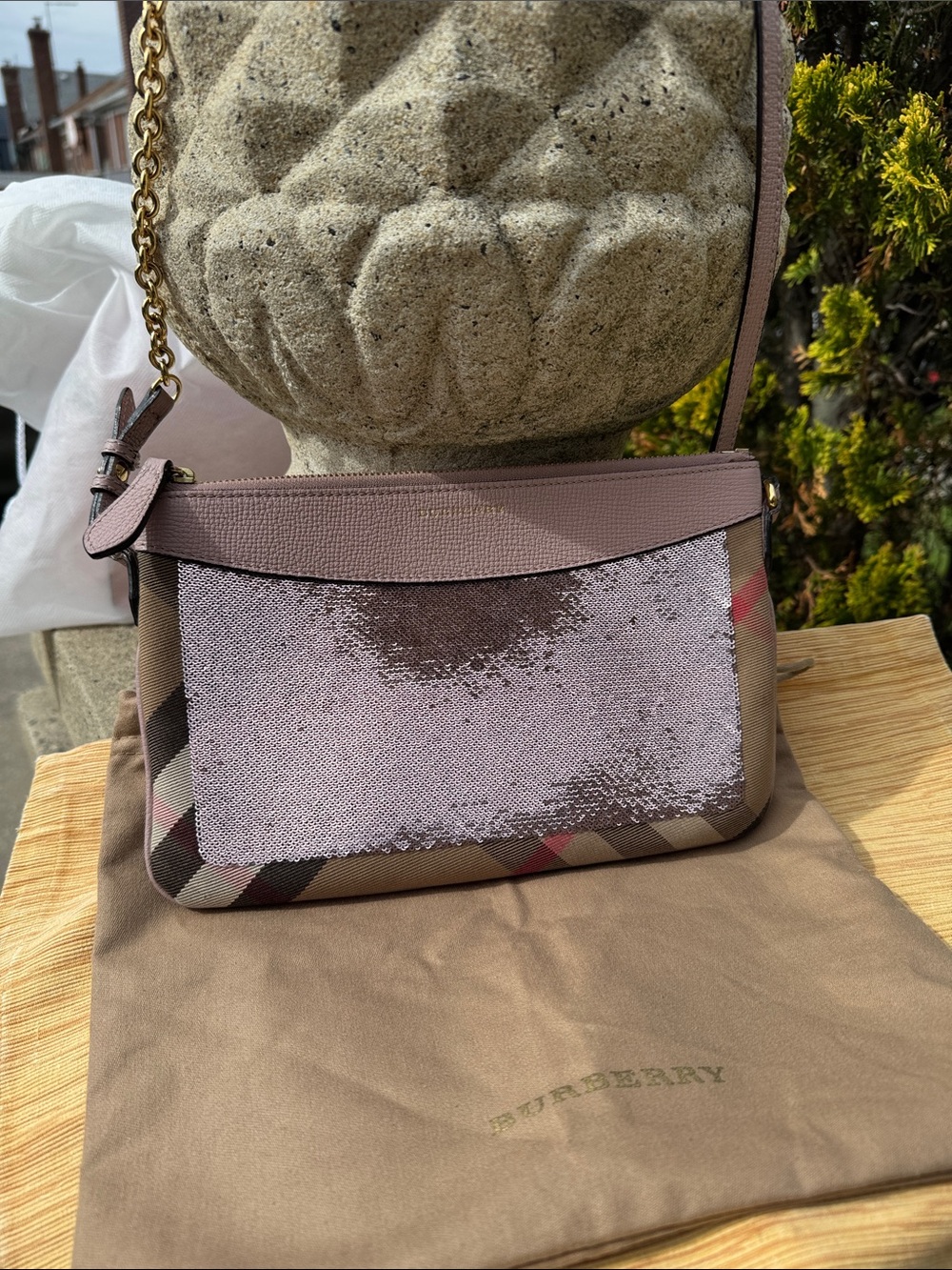 Burberry Pink Sequin Check Canvas Crossbody Purse - Picture 2 of 13